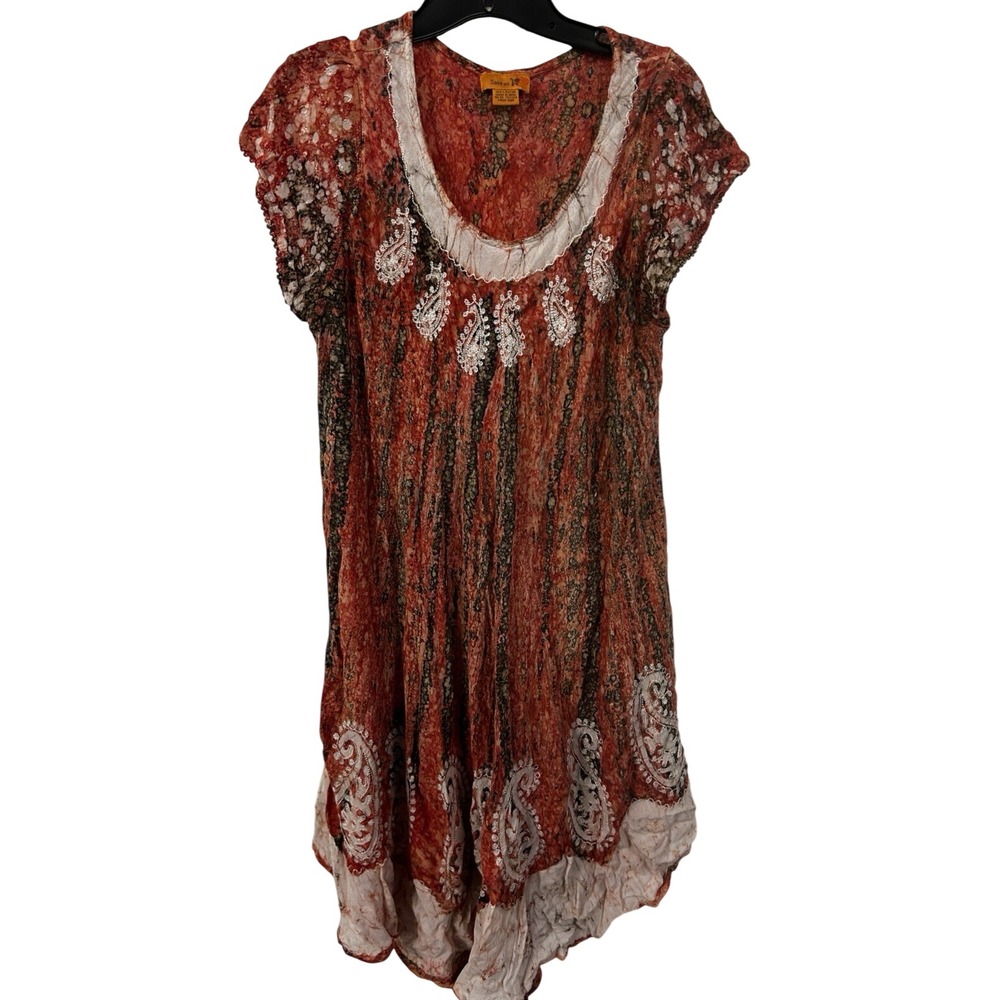 Sakkas Red Boho Tie Dye Crinkle Dress Embroidered Paisley Trim Free Size